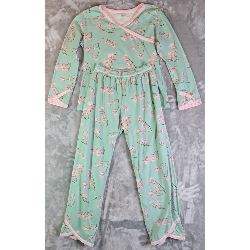 Garnet Hill Pajamas Size S Small Organic Cotton Asian Wrap Green Pink Floral Set